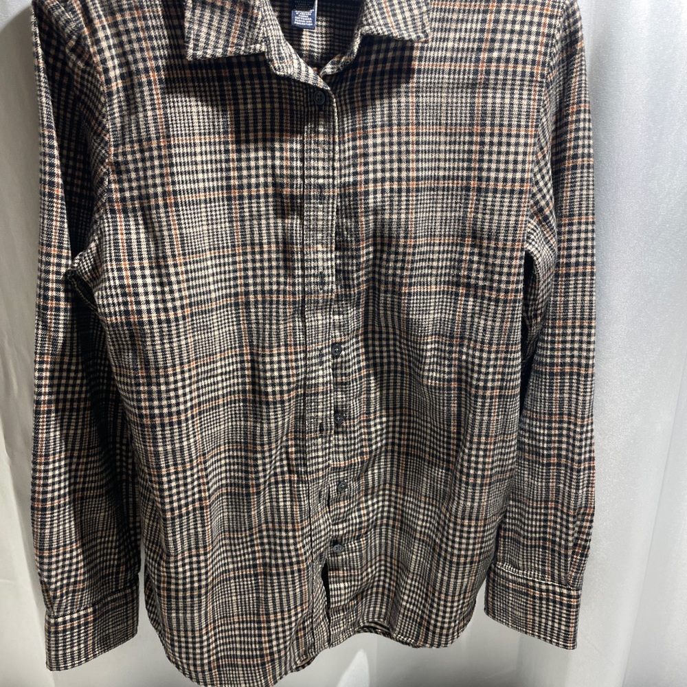 Lands' End Casual and Comfy Flannel Glen Plaid Black and Brown Shirt